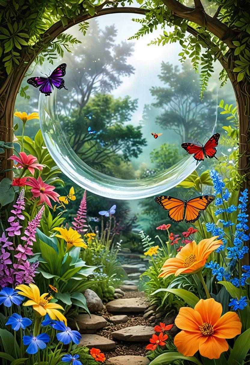 A whimsical scene depicting a magnifying glass hovering over a vibrant, colorful garden filled with unusual plants and hidden treasures, symbolizing joyful scrutiny. Include playful insects and sparkles around the magnifying glass to represent discovery. The background should be a softly blurred dreamy landscape. bright, cheerful colors. fantasy-style.